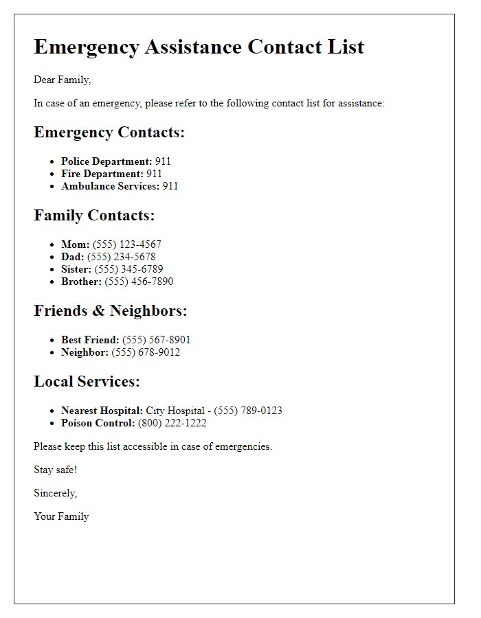 Letter template of emergency assistance contact list for family.