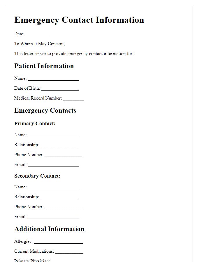 Letter template of emergency contact information for healthcare providers.