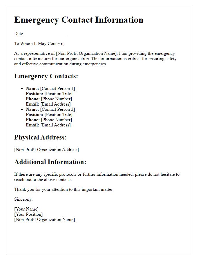 Letter template of emergency contact information for non-profit organizations.