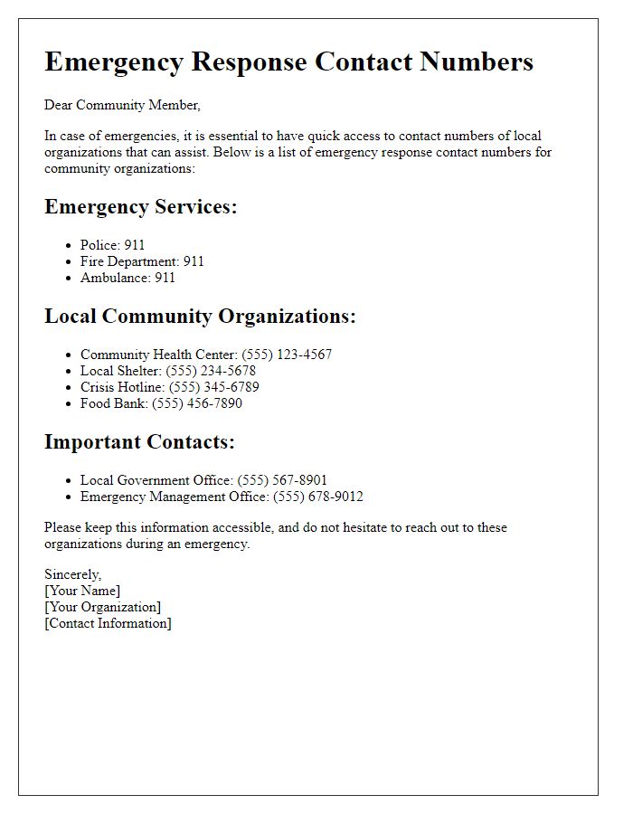 Letter template of emergency response contact numbers for community organizations.