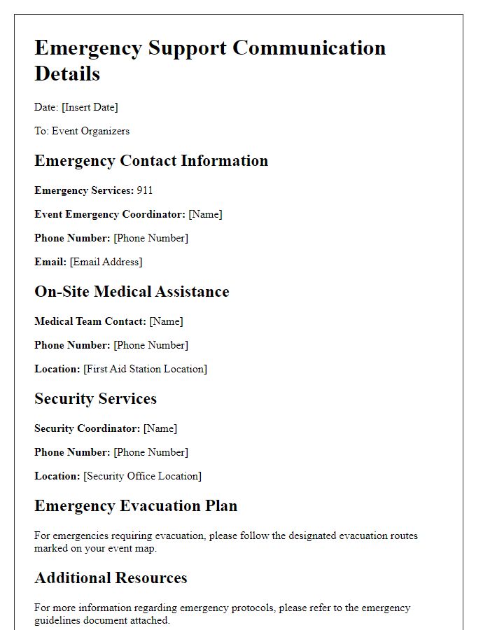 Letter template of emergency support communication details for event organizers.