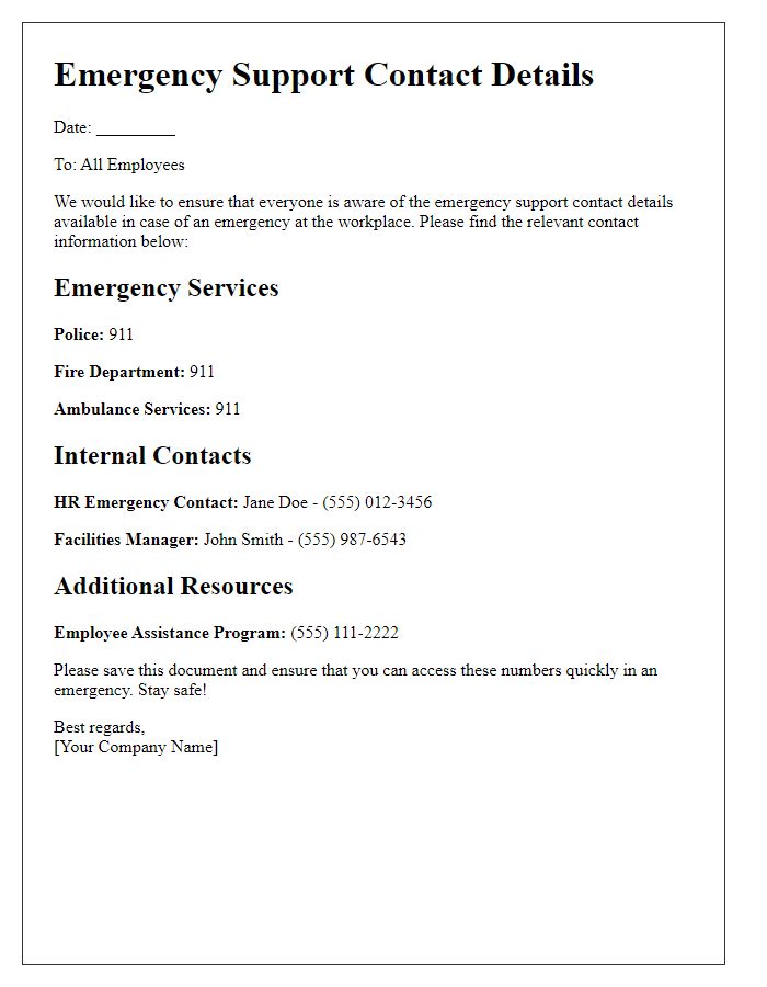 Letter template of emergency support contact details for workplace.