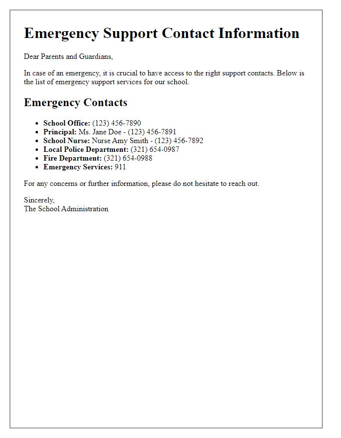 Letter template of emergency support contact information for schools.