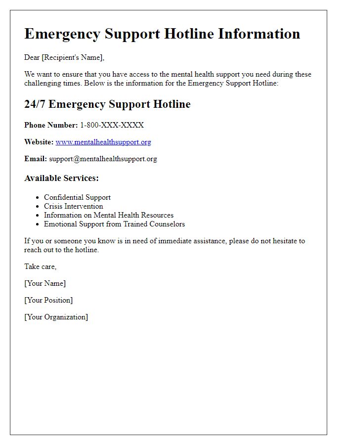 Letter template of emergency support hotline information for mental health services.