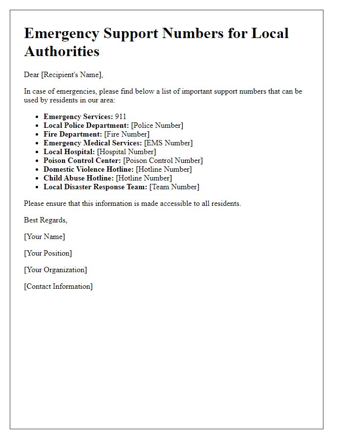 Letter template of emergency support numbers for local authorities.