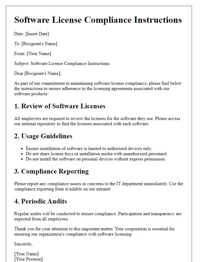 Letter template of software license compliance instructions.