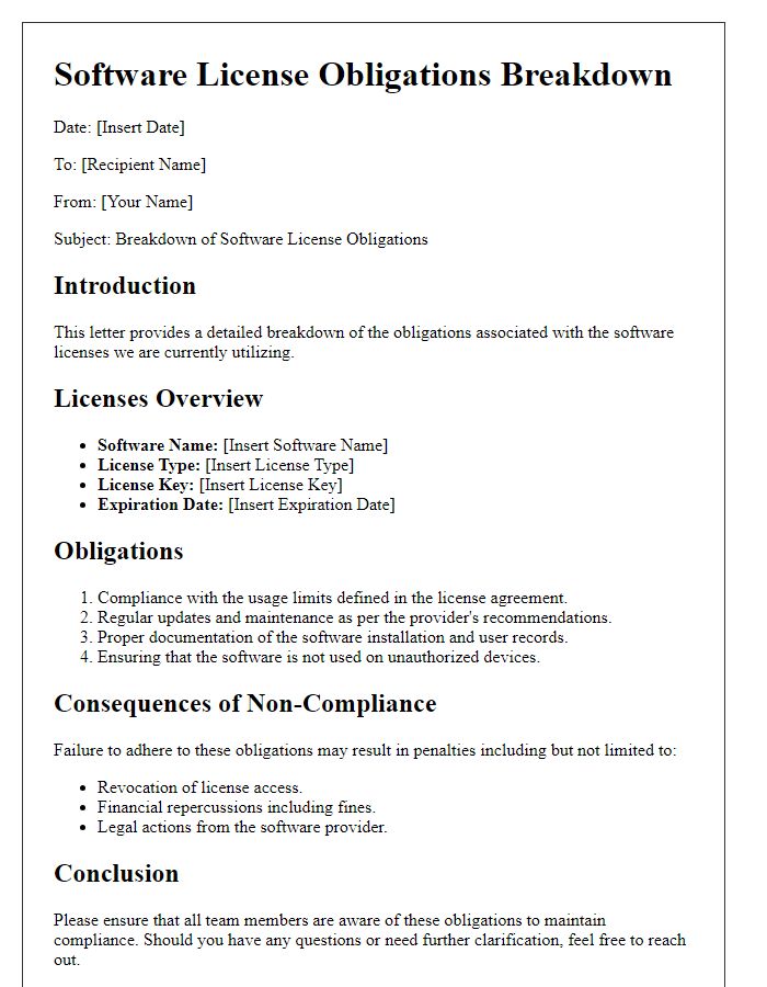 Letter template of software license obligations breakdown.