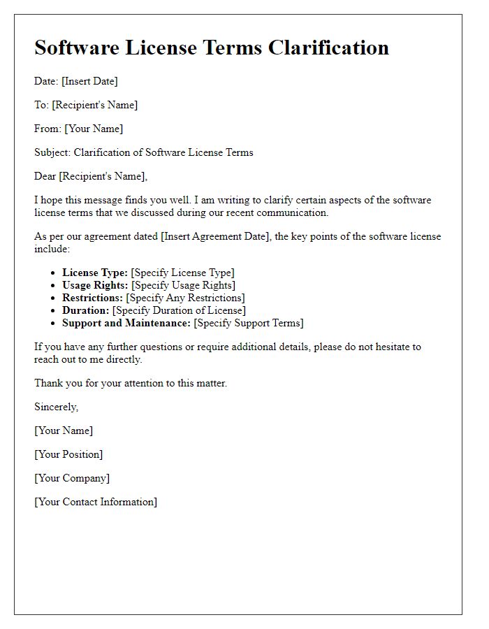 Letter template of software license terms clarification.