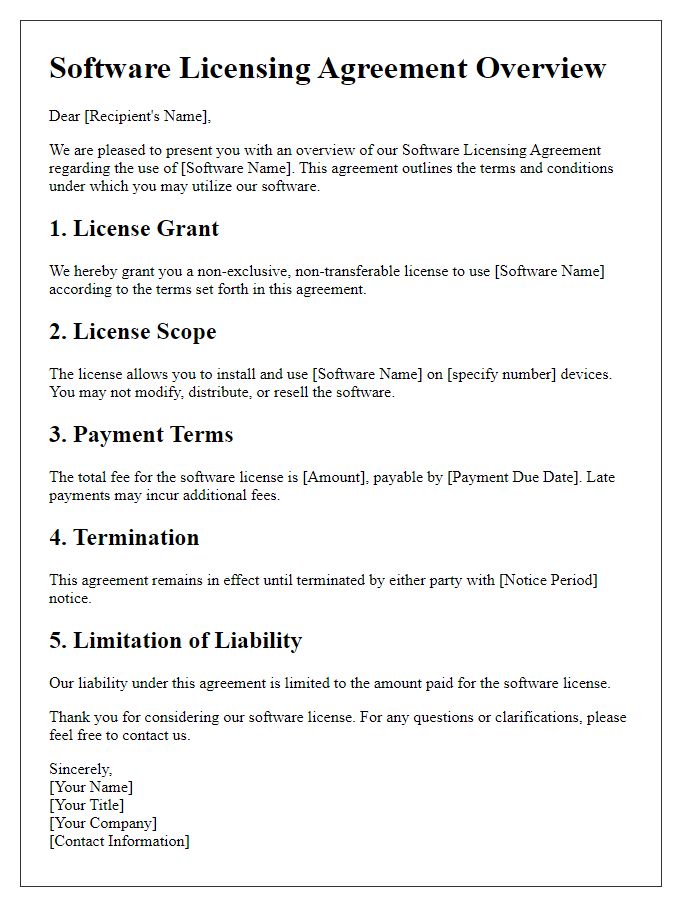 Letter template of software licensing agreement overview.