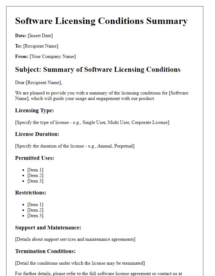 Letter template of software licensing conditions summary.