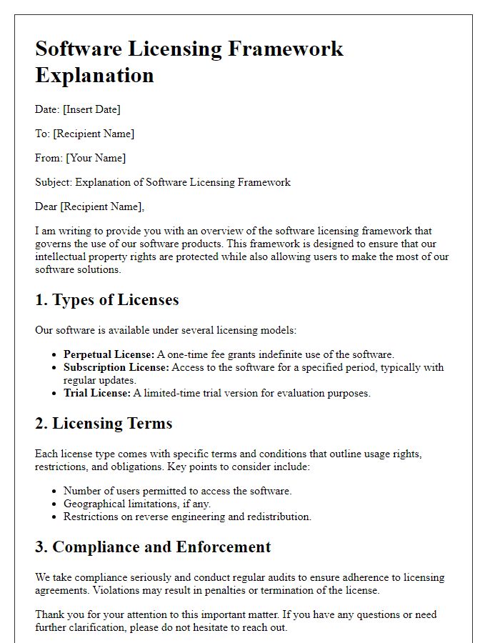 Letter template of software licensing framework explanation.