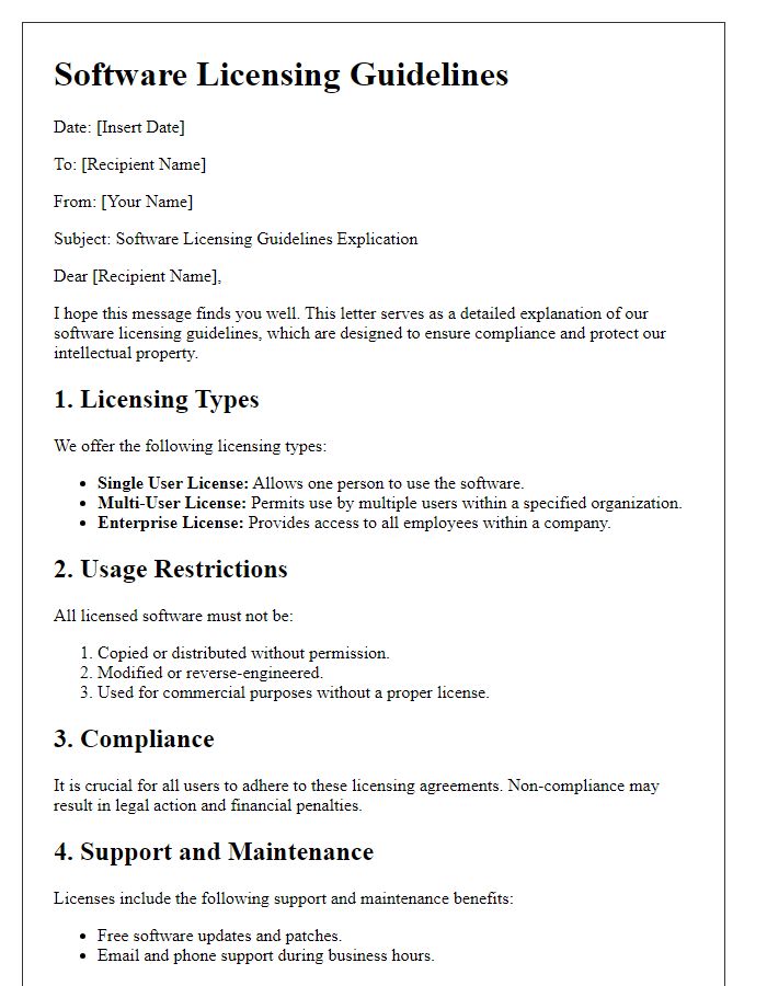 Letter template of software licensing guidelines explication.