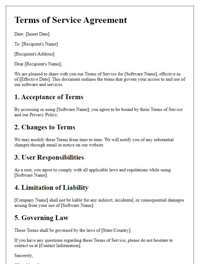 Letter template of software terms of service elaboration.