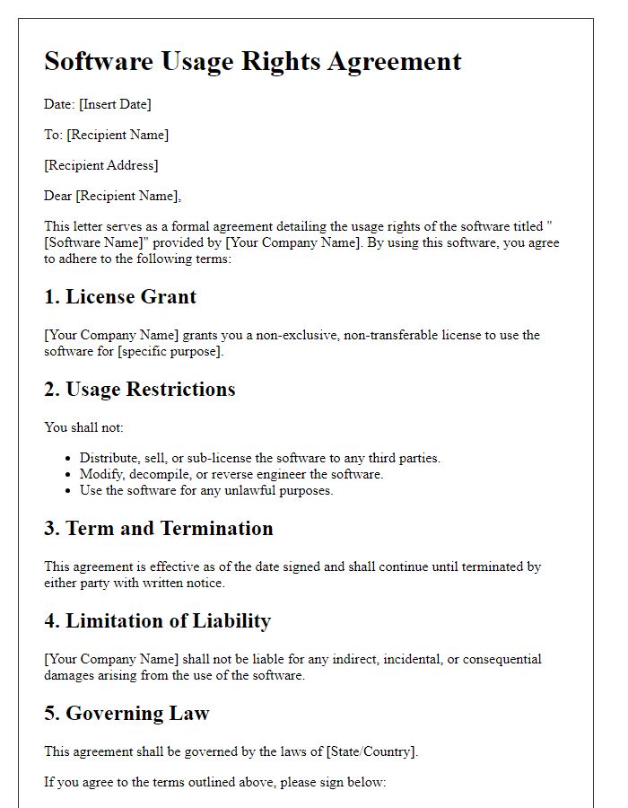 Letter template of software usage rights detailing.