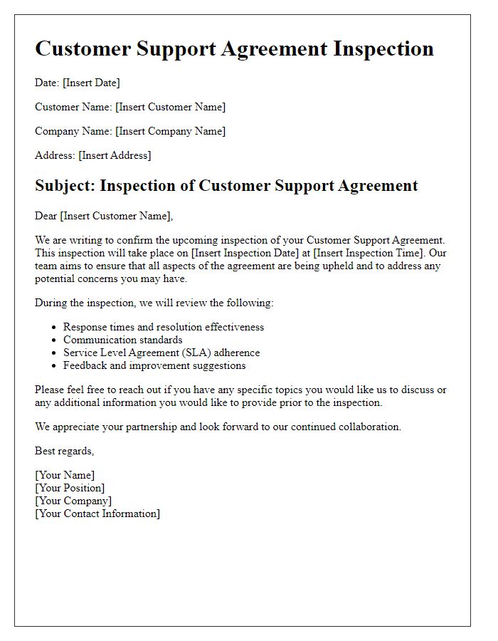 Letter template of customer support agreement inspection