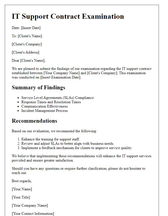 Letter template of IT support contract examination