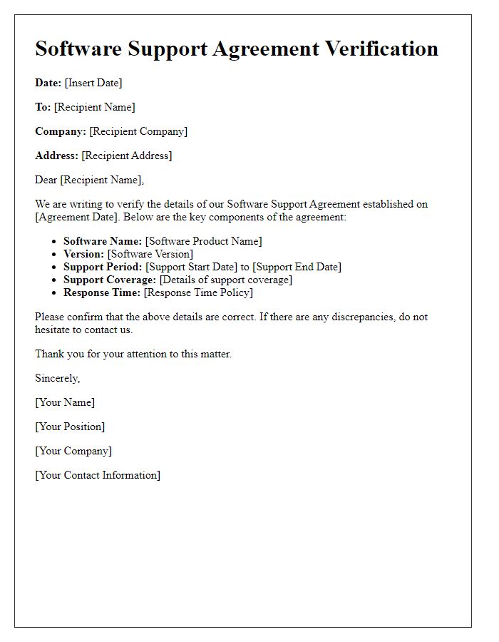 Letter template of software support agreement verification