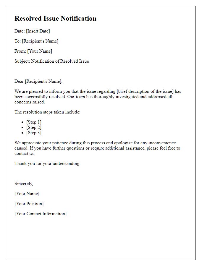 Letter template of resolved issue notification