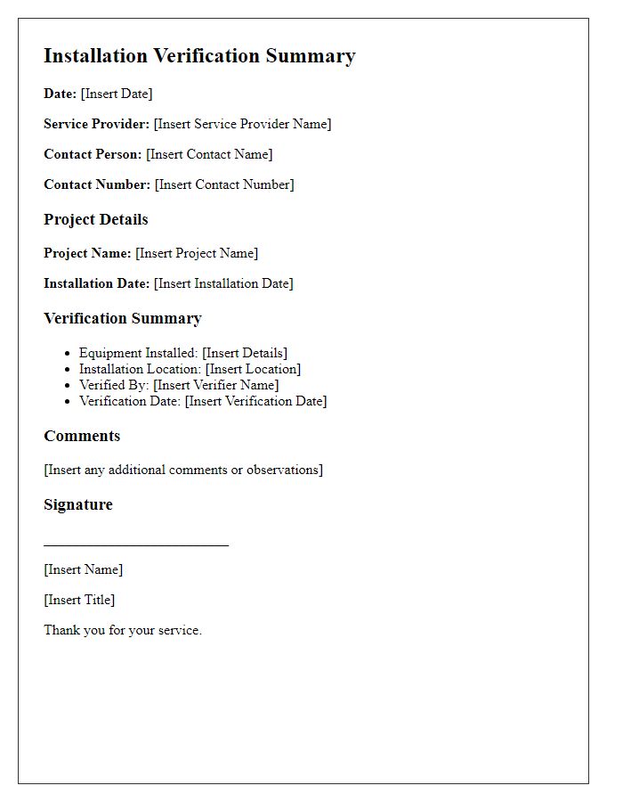 Letter template of installation verification summary for service providers.