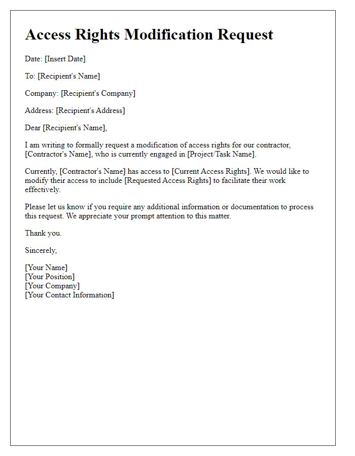 Letter template of access rights modification request for contractor access.