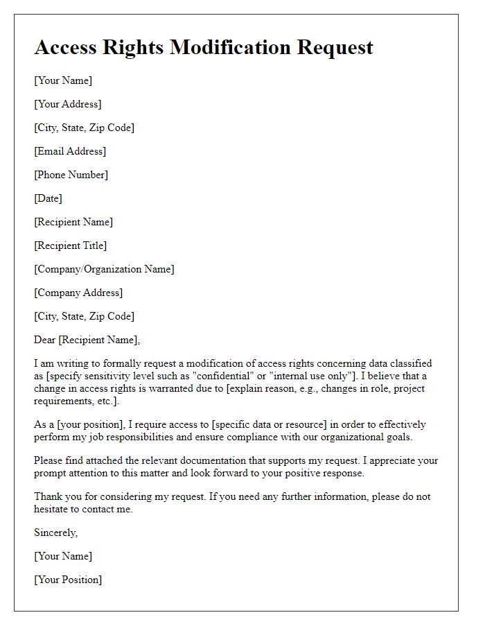 Letter template of access rights modification request for data sensitivity change.