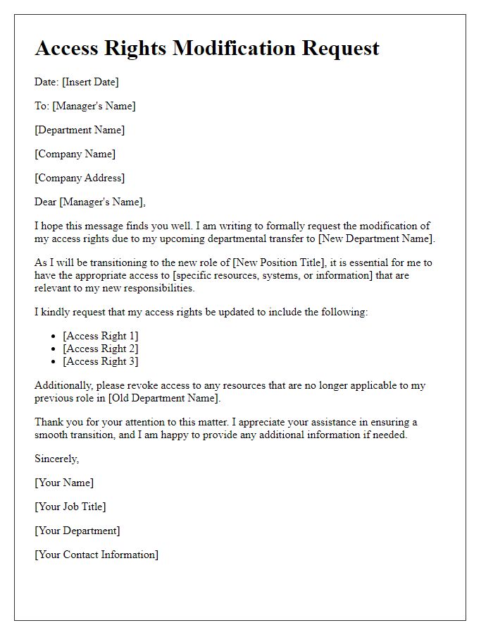 Letter template of access rights modification request for departmental transfer.