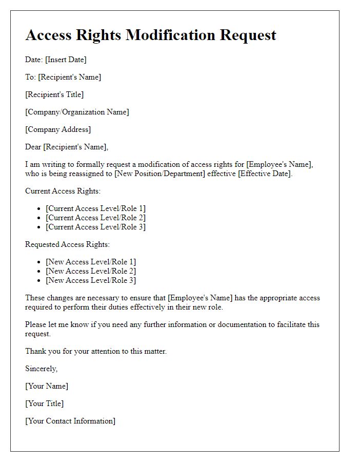 Letter template of access rights modification request for employee reassignment.