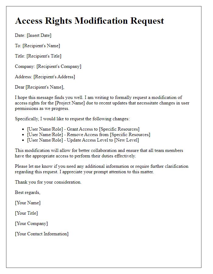 Letter template of access rights modification request for project update.