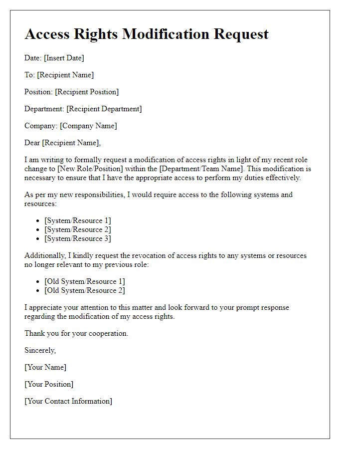 Letter template of access rights modification request for role change.