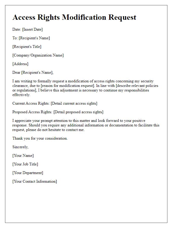 Letter template of access rights modification request for security clearance adjustment.