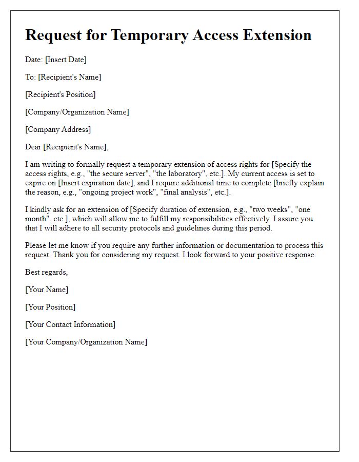 Letter template of access rights modification request for temporary access extension.