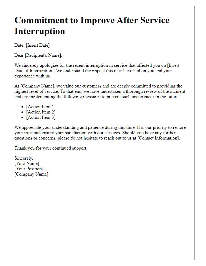 Letter template of commitment to improve after service interruption.