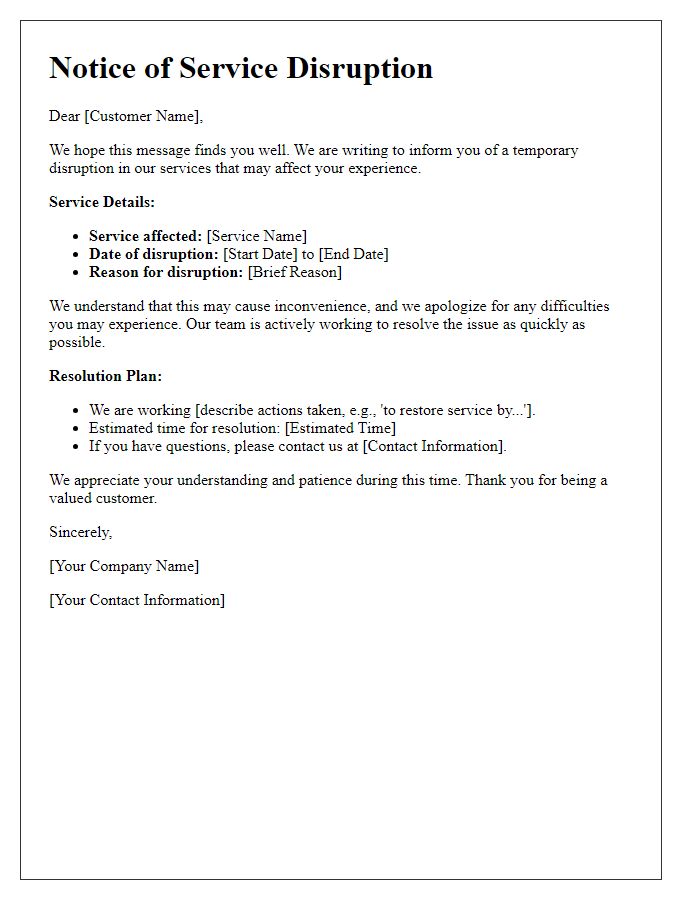 Letter template of communication on service disruptions and resolutions.