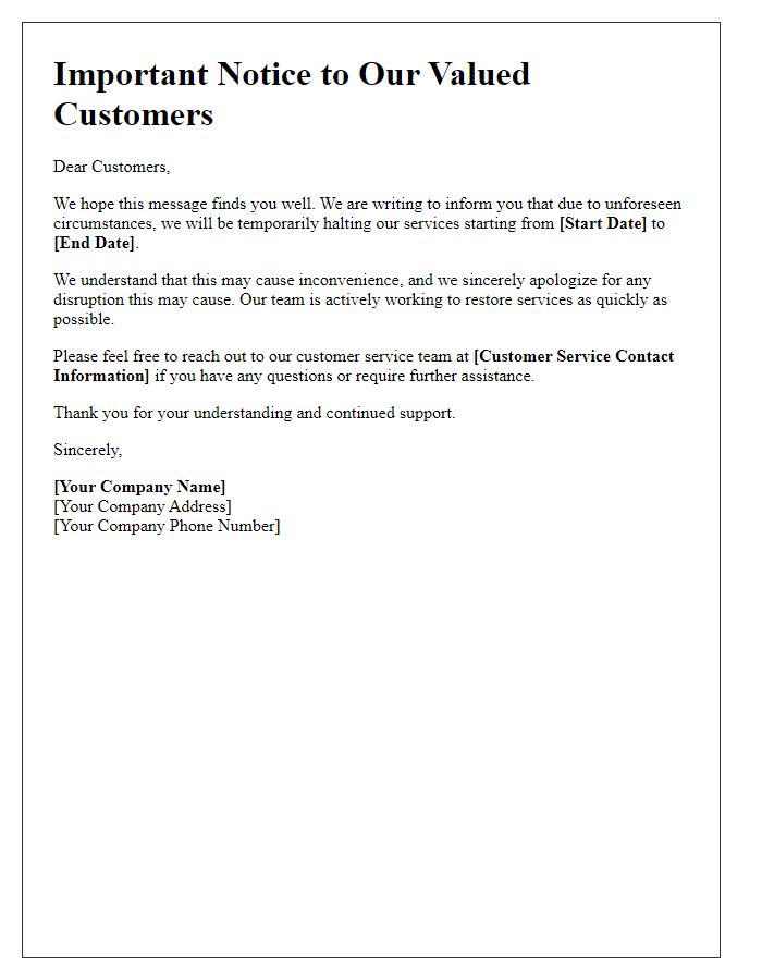 Letter template of customer notice regarding temporary service halt.