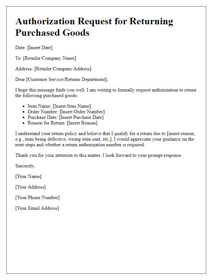 Letter template of authorization request for returning purchased goods