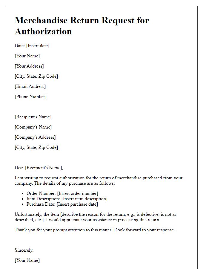 Letter template of merchandise return request for authorization