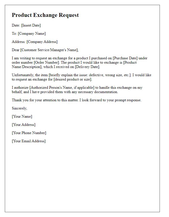Letter template of product exchange request with authorization