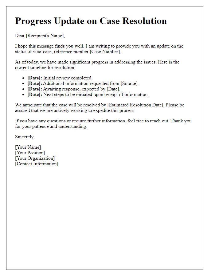 Letter template of progress update for case resolution timeline