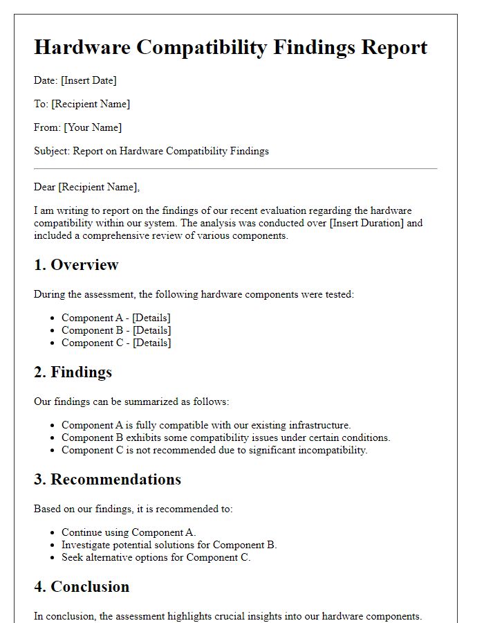 Letter template of report on hardware compatibility findings