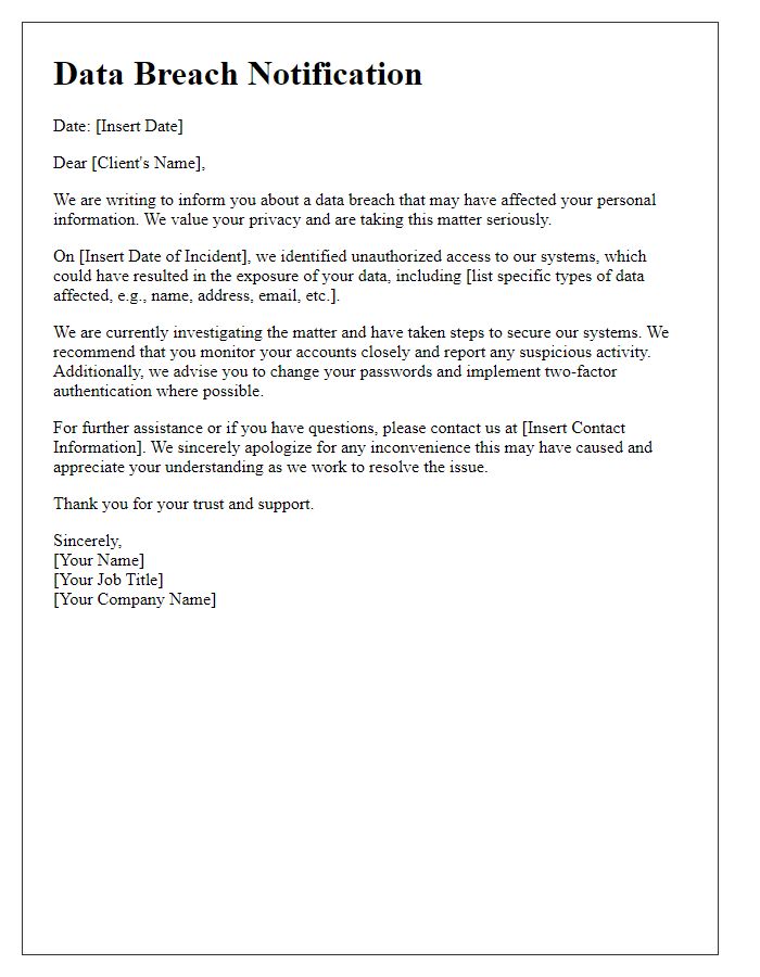 Letter template of data breach notification for clients