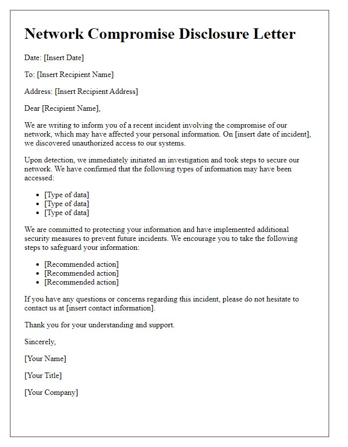 Letter template of network compromise disclosure