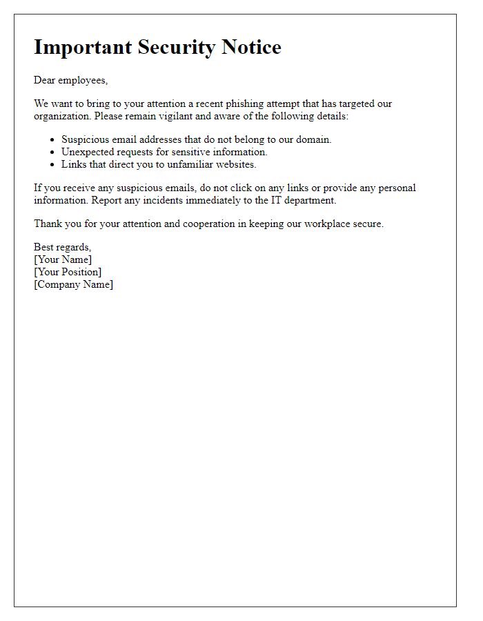 Letter template of phishing attempt warning for employees