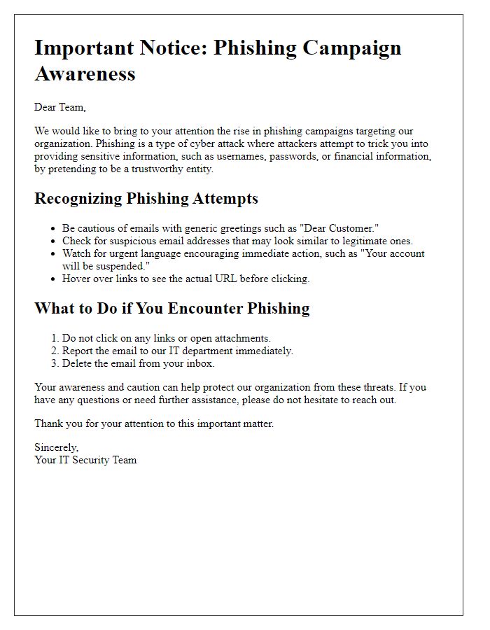 Letter template of phishing campaign awareness