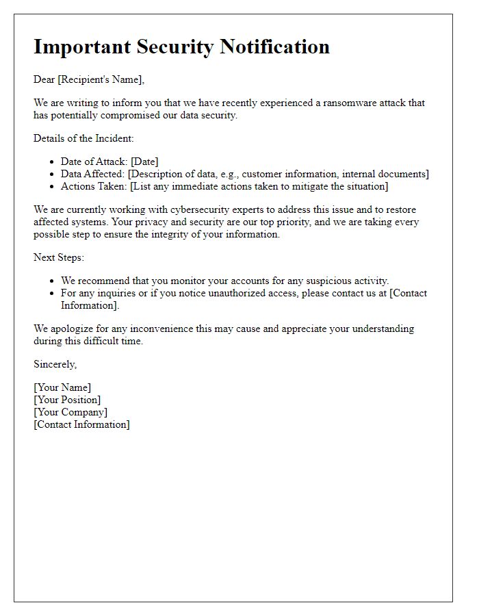 Letter template of ransomware attack communication