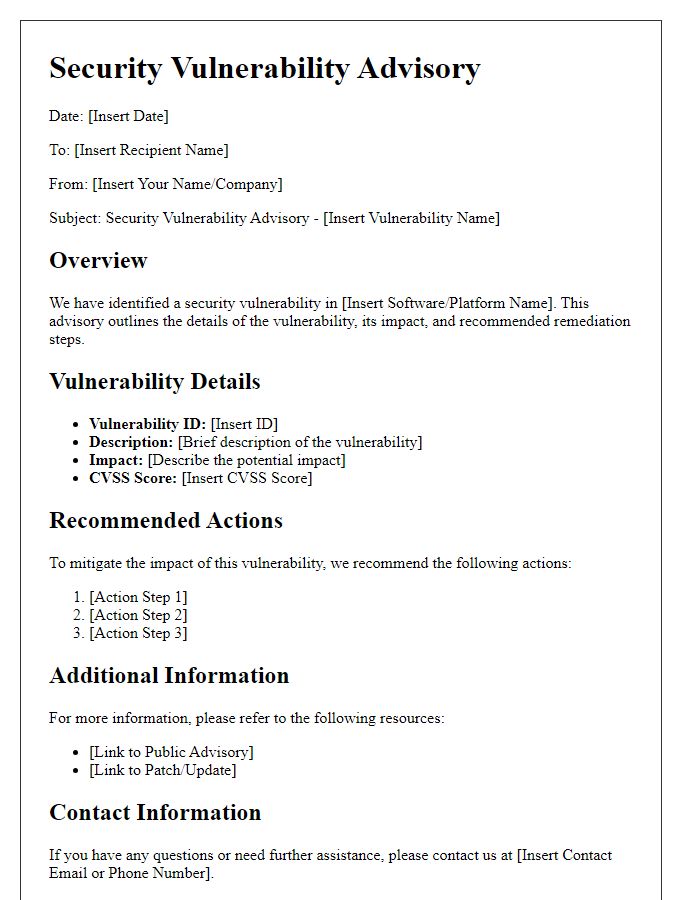 Letter template of security vulnerability advisory