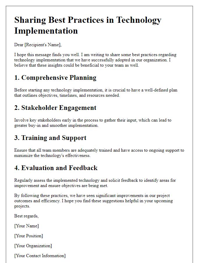 Letter template of sharing best practices in technology implementation