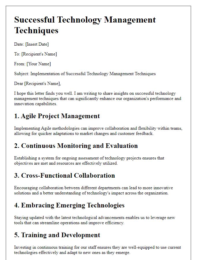 Letter template of successful technology management techniques