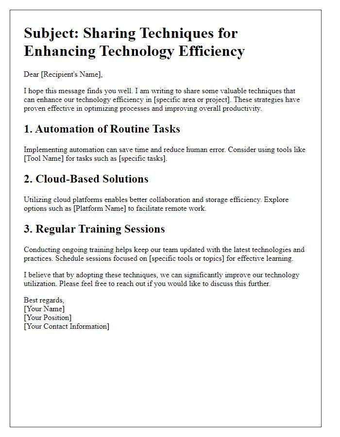 Letter template of technology efficiency techniques sharing