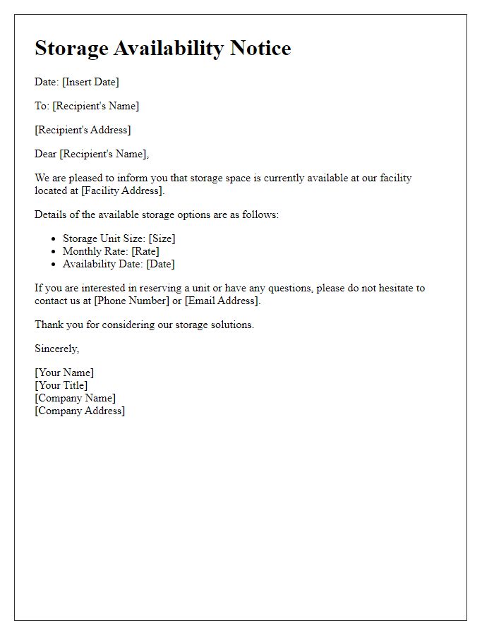 Letter template of storage availability notice