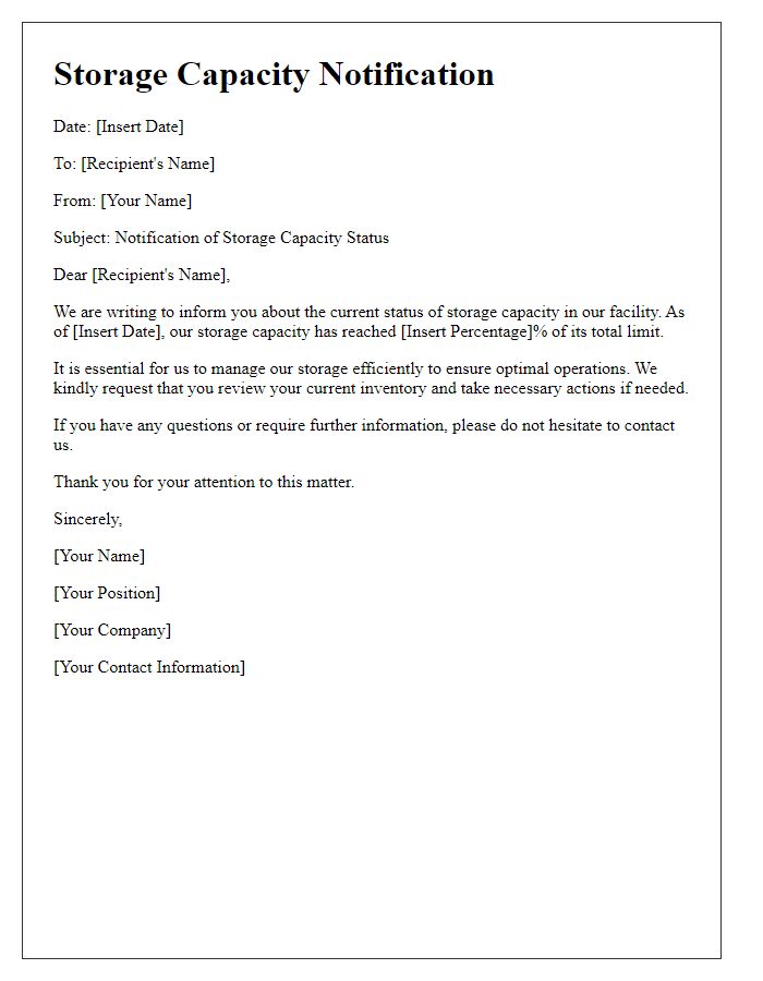 Letter template of storage capacity notification